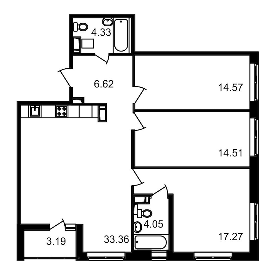 3-комнатная квартира 94.71 м², 12/12 эт., ЖК «Чёрная речка»